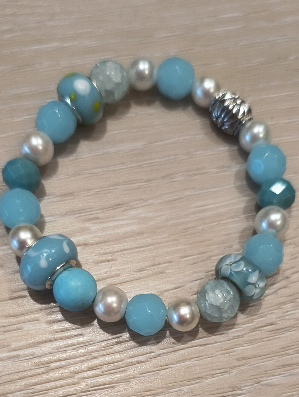Handcrafted Turquoise Beaded Stretch Bracelet with Pearl Accents